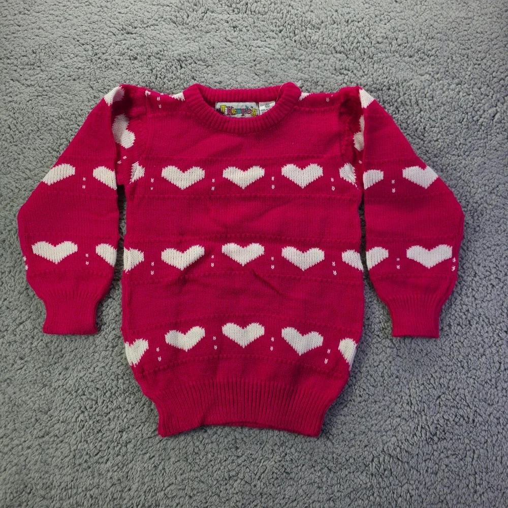 KT Kemples Girls Pink Heart Knit Sweater Vintage Size 6X Magenta Pullover